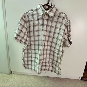 Zara Men's White and Brown Plaid Button Down Linen Short Sleeve Shirt XL